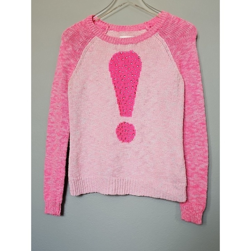 Justice Girls Pink Rhinestone Exclamation Point Raglan Knit Sweater Size 20